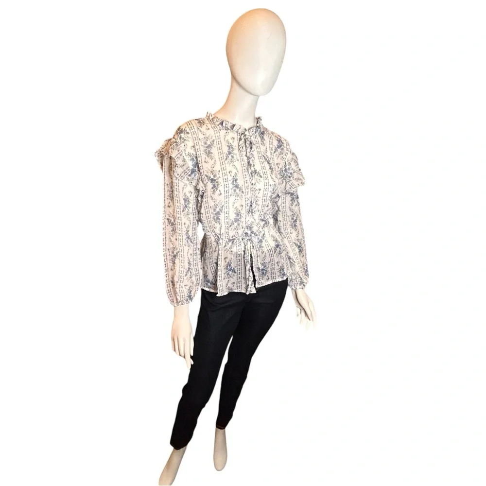NEW Blu Pepper Blue White Floral Peasant Blouse Ruffle Detail Size Medium